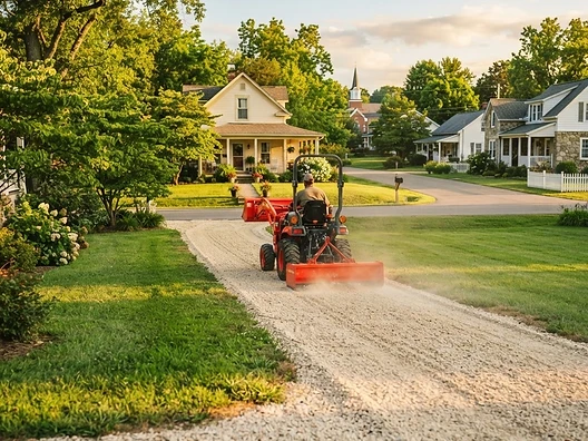 A compact red tractor grading a sunny residential gravel driveway