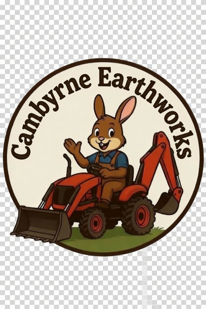 Cambyrne Earthworks logo — a friendly rabbit on a red tractor