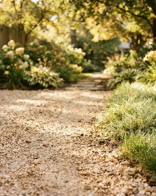 Freshly graded gravel with a soft edge of green grass